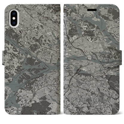 【ストックホルム（スウェーデン）】地図柄iPhoneケース（手帳タイプ）モノトーン・iPhone XS Max 用