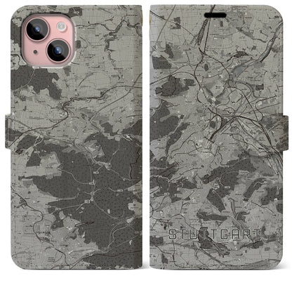 【シュトゥットガルト（ドイツ）】地図柄iPhoneケース（手帳タイプ）モノトーン・iPhone 15 Plus 用