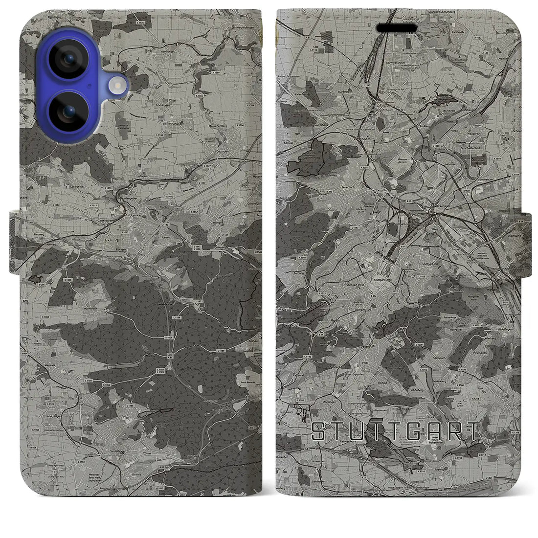 【シュトゥットガルト(ドイツ)】地図柄iPhoneケース(手帳タイプ)モノトーン・iPhone 16 Pro Max 用