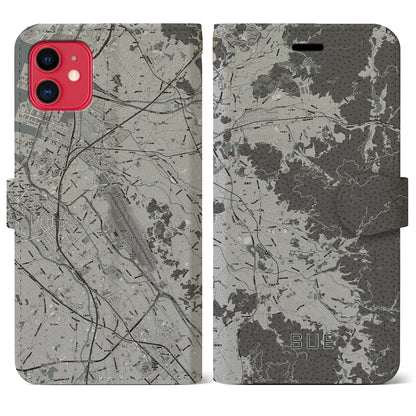【須恵（福岡県）】地図柄iPhoneケース（手帳タイプ）モノトーン・iPhone 11 用