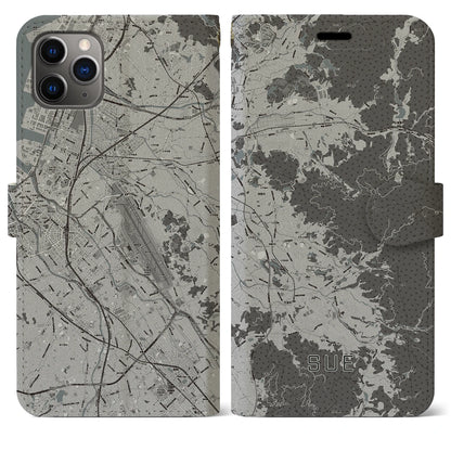 【須恵（福岡県）】地図柄iPhoneケース（手帳タイプ）モノトーン・iPhone 11 Pro Max 用