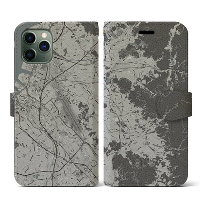 【須恵（福岡県）】地図柄iPhoneケース（手帳タイプ）モノトーン・iPhone 11 Pro 用