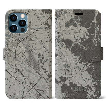 【須恵（福岡県）】地図柄iPhoneケース（手帳タイプ）モノトーン・iPhone 12 / 12 Pro 用