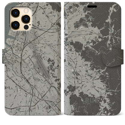 【須恵（福岡県）】地図柄iPhoneケース（手帳タイプ）モノトーン・iPhone 12 Pro Max 用