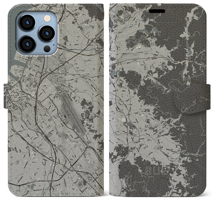 【須恵（福岡県）】地図柄iPhoneケース（手帳タイプ）モノトーン・iPhone 13 Pro Max 用