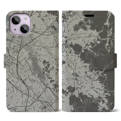 【須恵（福岡県）】地図柄iPhoneケース（手帳タイプ）モノトーン・iPhone 14 用
