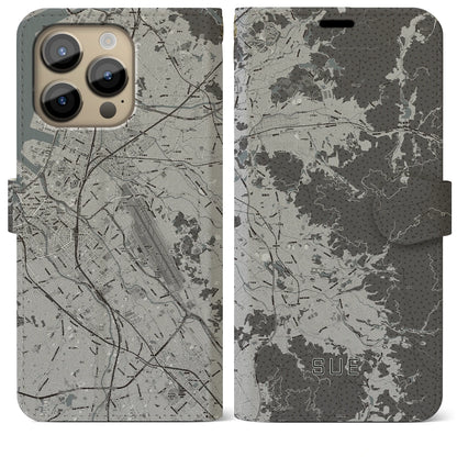 【須恵（福岡県）】地図柄iPhoneケース（手帳タイプ）モノトーン・iPhone 14 Pro Max 用