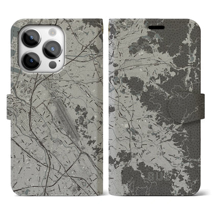 【須恵（福岡県）】地図柄iPhoneケース（手帳タイプ）モノトーン・iPhone 14 Pro 用