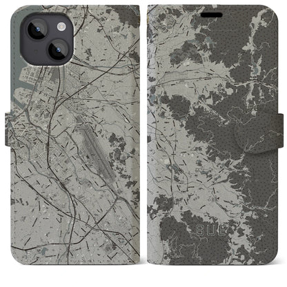 【須恵（福岡県）】地図柄iPhoneケース（手帳タイプ）モノトーン・iPhone 14 Plus 用