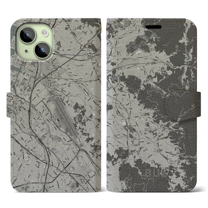 【須恵（福岡県）】地図柄iPhoneケース（手帳タイプ）モノトーン・iPhone 15 用