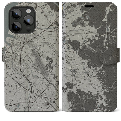 【須恵（福岡県）】地図柄iPhoneケース（手帳タイプ）モノトーン・iPhone 15 Pro Max 用
