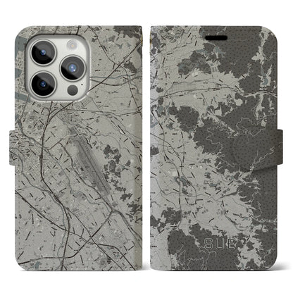 【須恵（福岡県）】地図柄iPhoneケース（手帳タイプ）モノトーン・iPhone 15 Pro 用