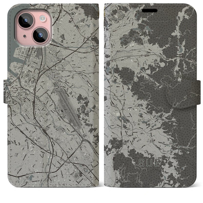 【須恵（福岡県）】地図柄iPhoneケース（手帳タイプ）モノトーン・iPhone 15 Plus 用