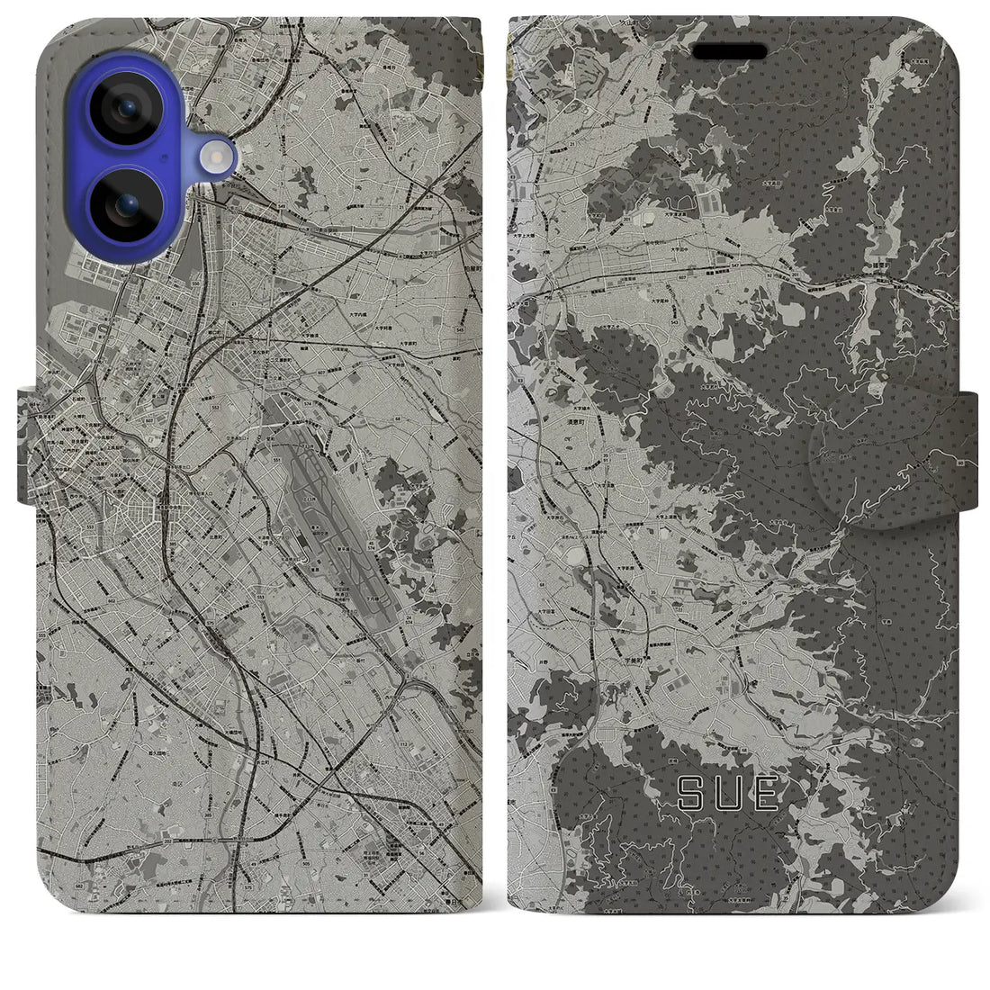 【須恵(福岡県)】地図柄iPhoneケース(手帳タイプ)モノトーン・iPhone 16 Pro Max 用