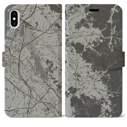【須恵（福岡県）】地図柄iPhoneケース（手帳タイプ）モノトーン・iPhone XS Max 用
