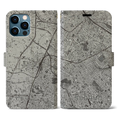 【巣鴨（東京都）】地図柄iPhoneケース（手帳タイプ）モノトーン・iPhone 12 / 12 Pro 用