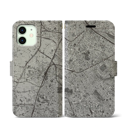 【巣鴨（東京都）】地図柄iPhoneケース（手帳タイプ）モノトーン・iPhone 12 mini 用