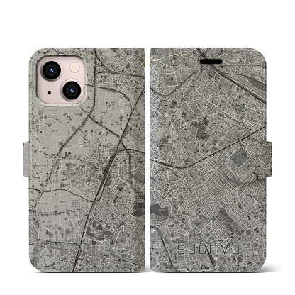 【巣鴨（東京都）】地図柄iPhoneケース（手帳タイプ）モノトーン・iPhone 13 mini 用