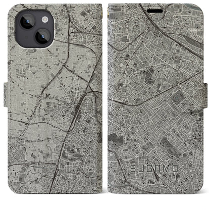 【巣鴨（東京都）】地図柄iPhoneケース（手帳タイプ）モノトーン・iPhone 14 Plus 用