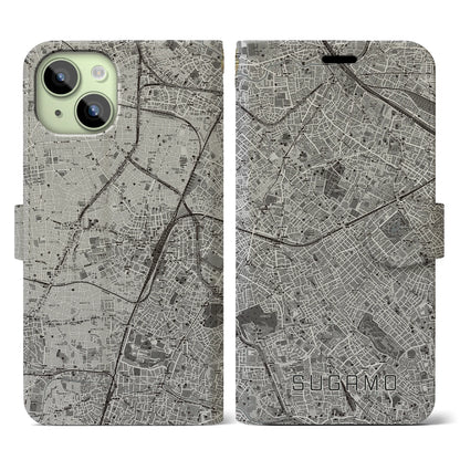 【巣鴨（東京都）】地図柄iPhoneケース（手帳タイプ）モノトーン・iPhone 15 用