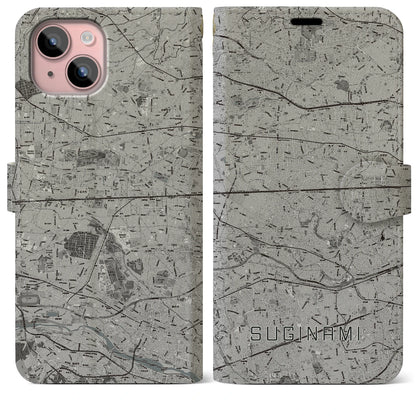 【杉並（東京都）】地図柄iPhoneケース（手帳タイプ）モノトーン・iPhone 15 Plus 用