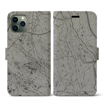 【杉戸（埼玉県）】地図柄iPhoneケース（手帳タイプ）モノトーン・iPhone 11 Pro 用