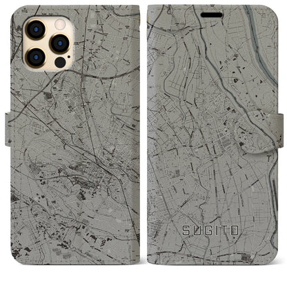 【杉戸（埼玉県）】地図柄iPhoneケース（手帳タイプ）モノトーン・iPhone 12 Pro Max 用