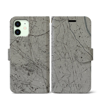 【杉戸（埼玉県）】地図柄iPhoneケース（手帳タイプ）モノトーン・iPhone 12 mini 用