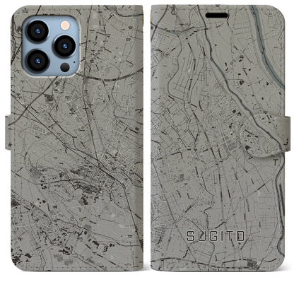 【杉戸（埼玉県）】地図柄iPhoneケース（手帳タイプ）モノトーン・iPhone 13 Pro Max 用