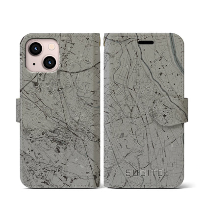 【杉戸（埼玉県）】地図柄iPhoneケース（手帳タイプ）モノトーン・iPhone 13 mini 用