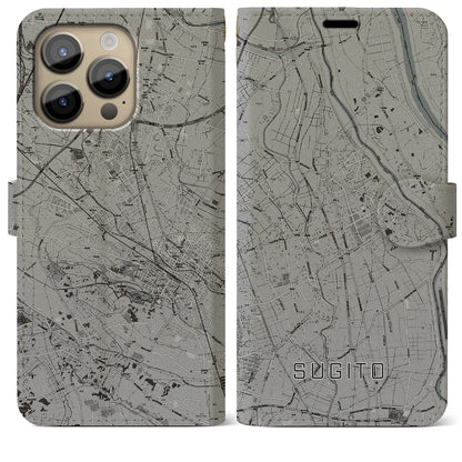【杉戸（埼玉県）】地図柄iPhoneケース（手帳タイプ）モノトーン・iPhone 14 Pro Max 用