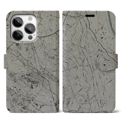 【杉戸（埼玉県）】地図柄iPhoneケース（手帳タイプ）モノトーン・iPhone 14 Pro 用