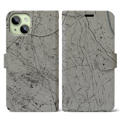 【杉戸（埼玉県）】地図柄iPhoneケース（手帳タイプ）モノトーン・iPhone 15 用
