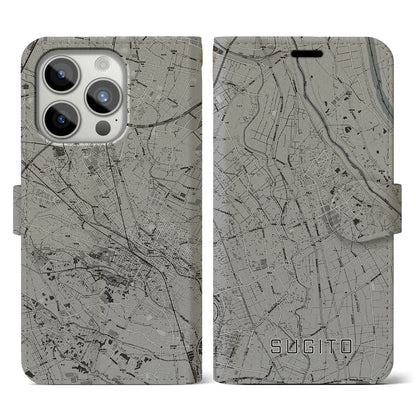 【杉戸（埼玉県）】地図柄iPhoneケース（手帳タイプ）モノトーン・iPhone 15 Pro 用