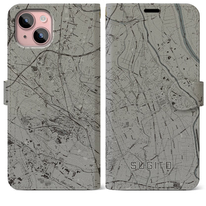 【杉戸（埼玉県）】地図柄iPhoneケース（手帳タイプ）モノトーン・iPhone 15 Plus 用