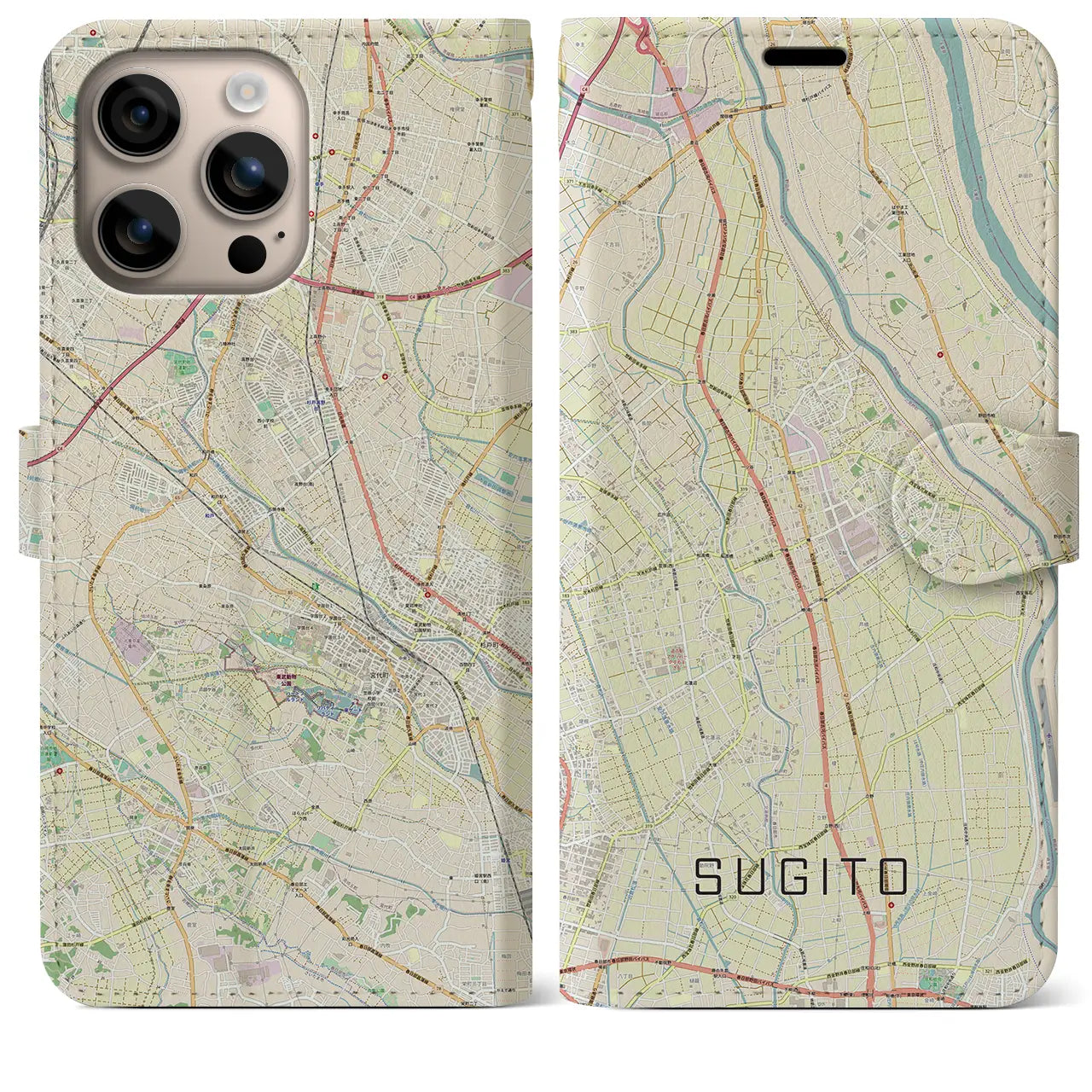 【杉戸（埼玉県）】地図柄iPhoneケース（手帳タイプ）ナチュラル・iPhone 16 Plus 用