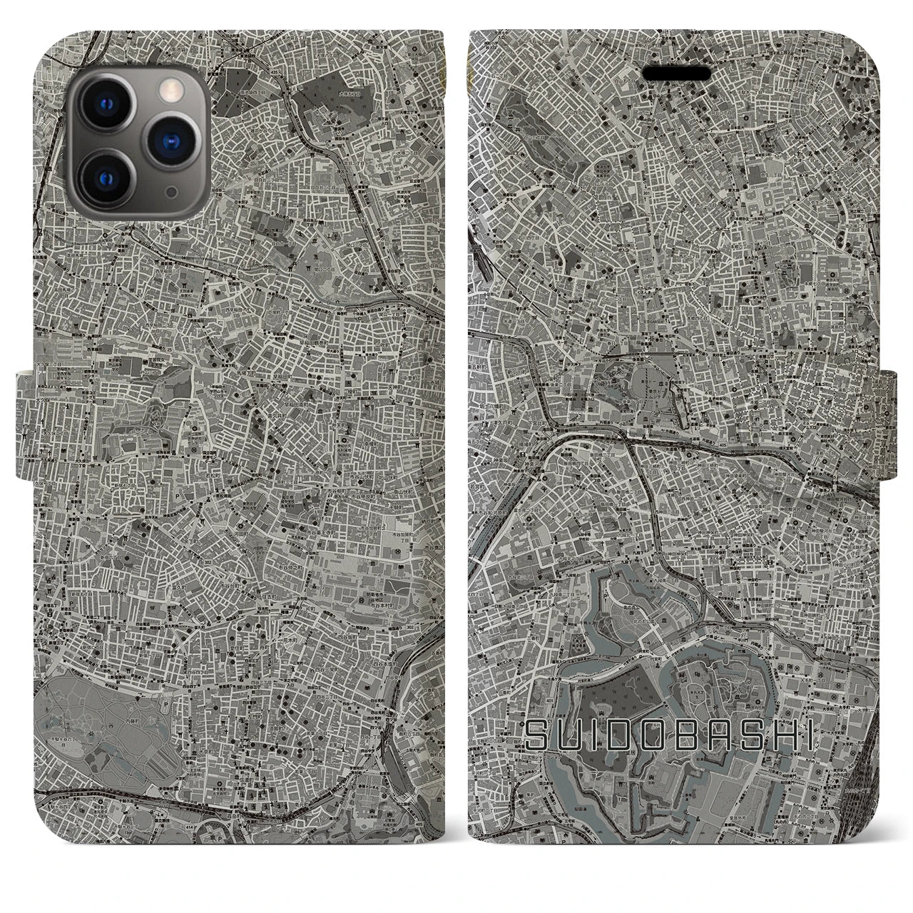 【水道橋】地図柄iPhoneケース（手帳両面タイプ・モノトーン）iPhone 11 Pro Max 用