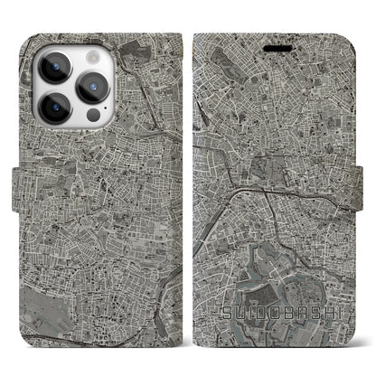 【水道橋（東京都）】地図柄iPhoneケース（手帳タイプ）モノトーン・iPhone 14 Pro 用