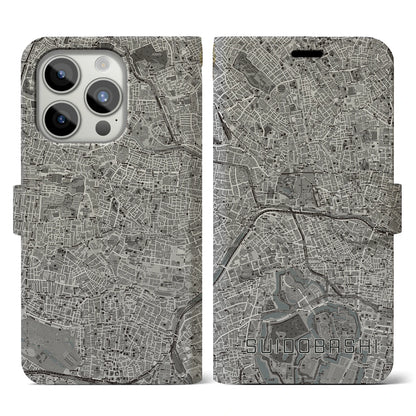 【水道橋（東京都）】地図柄iPhoneケース（手帳タイプ）モノトーン・iPhone 15 Pro 用