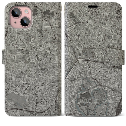 【水道橋（東京都）】地図柄iPhoneケース（手帳タイプ）モノトーン・iPhone 15 Plus 用