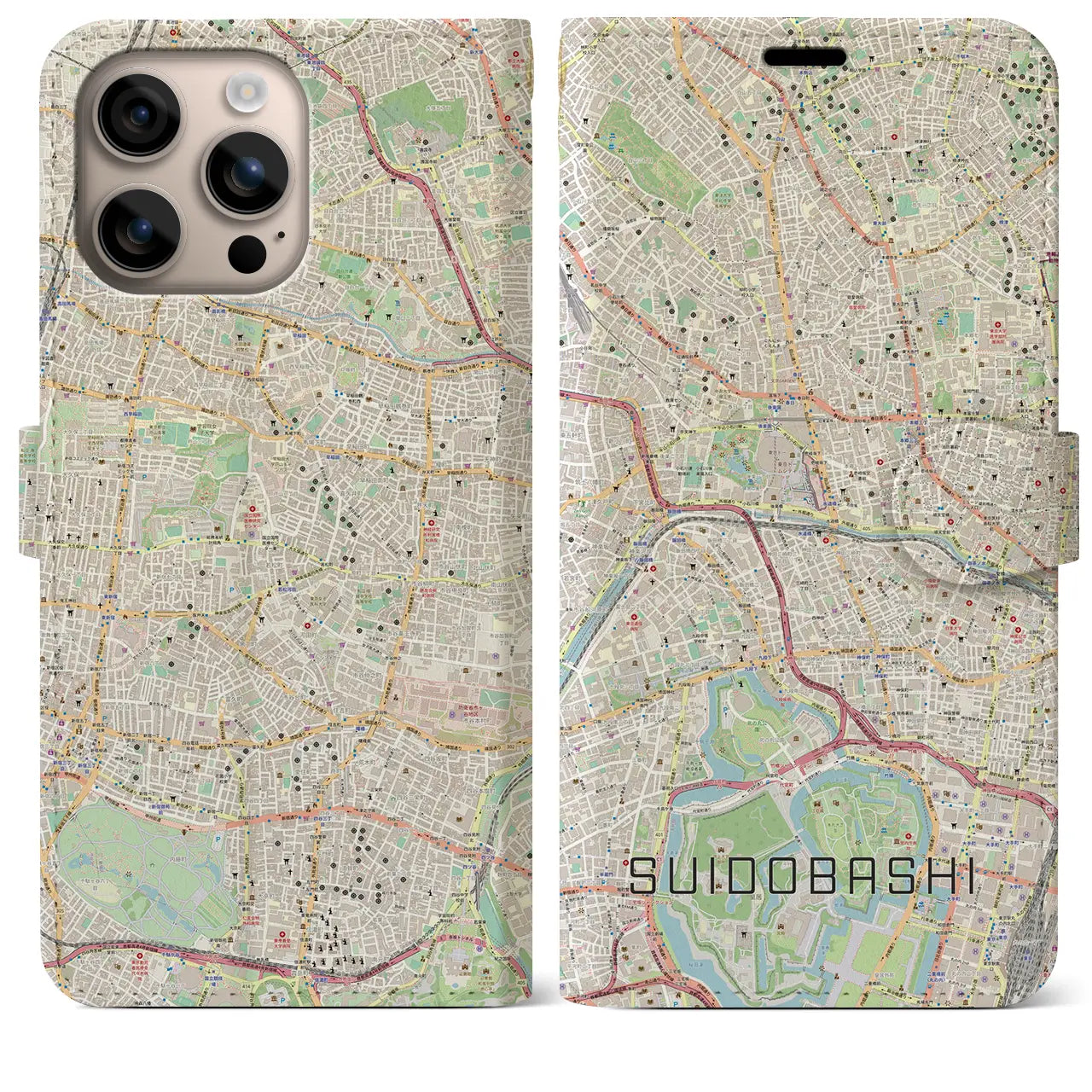 【水道橋（東京都）】地図柄iPhoneケース（手帳タイプ）ナチュラル・iPhone 16 Plus 用