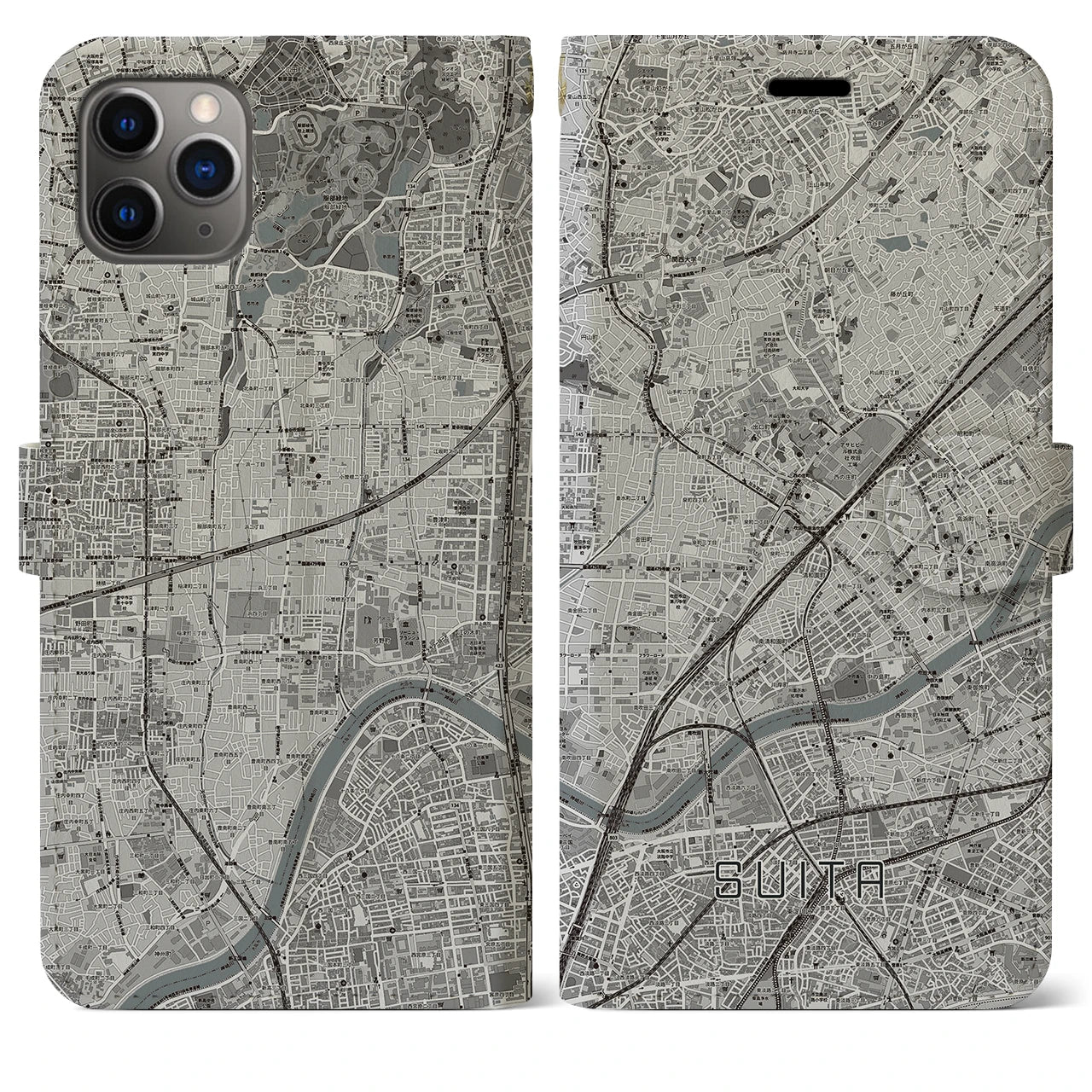 【吹田】地図柄iPhoneケース（手帳両面タイプ・モノトーン）iPhone 11 Pro Max 用