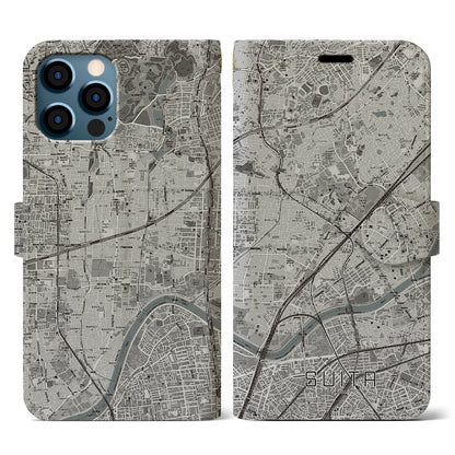 【吹田（大阪府）】地図柄iPhoneケース（手帳タイプ）モノトーン・iPhone 12 / 12 Pro 用