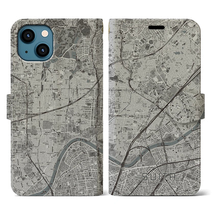 【吹田（大阪府）】地図柄iPhoneケース（手帳タイプ）モノトーン・iPhone 13 用