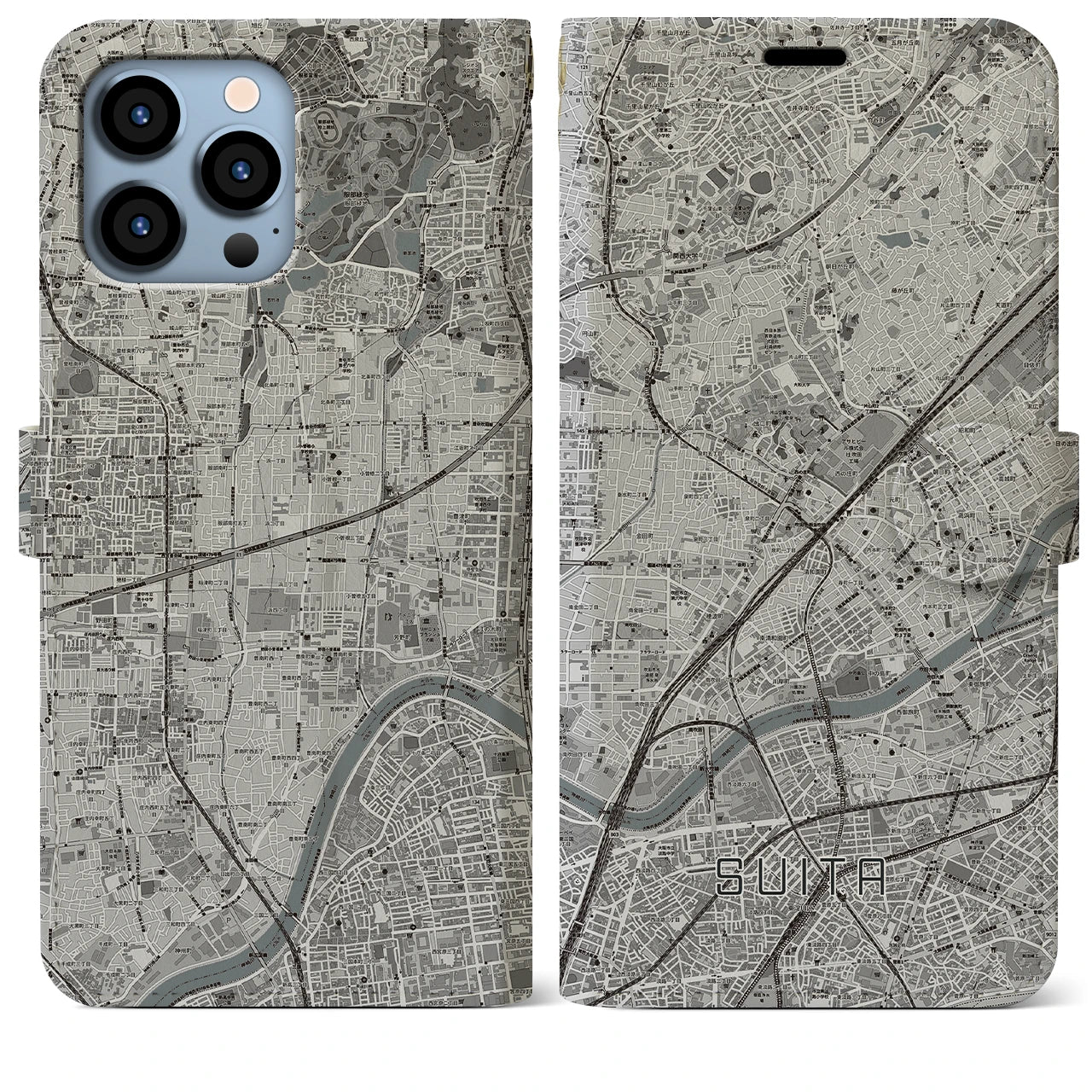 【吹田】地図柄iPhoneケース（手帳両面タイプ・モノトーン）iPhone 13 Pro Max 用