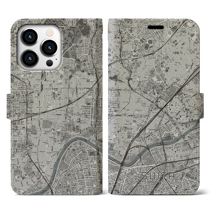 【吹田（大阪府）】地図柄iPhoneケース（手帳タイプ）モノトーン・iPhone 13 Pro 用