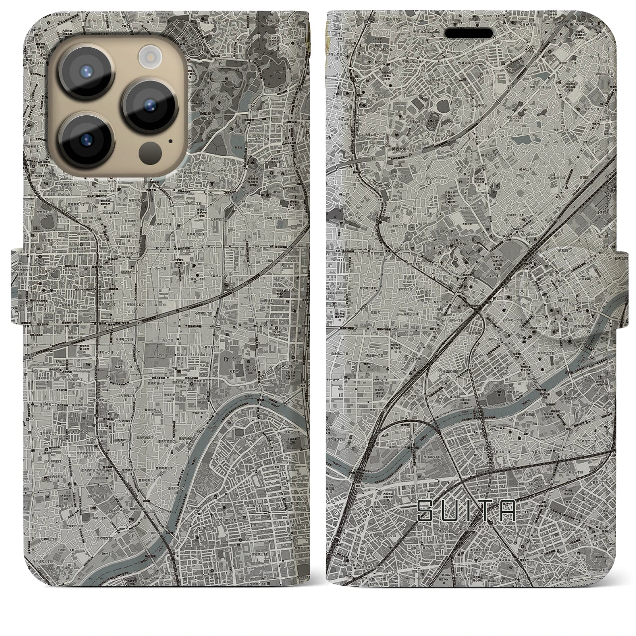 【吹田】地図柄iPhoneケース（手帳両面タイプ・モノトーン）iPhone 14 Pro Max 用
