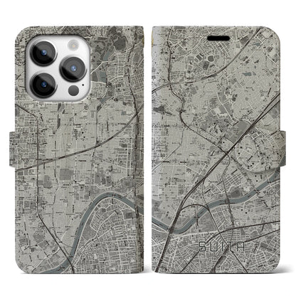 【吹田（大阪府）】地図柄iPhoneケース（手帳タイプ）モノトーン・iPhone 14 Pro 用