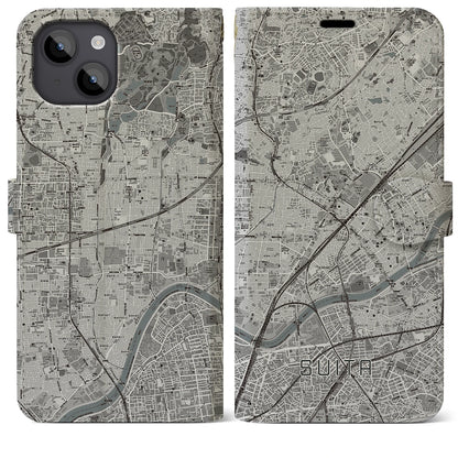 【吹田（大阪府）】地図柄iPhoneケース（手帳タイプ）モノトーン・iPhone 14 Plus 用