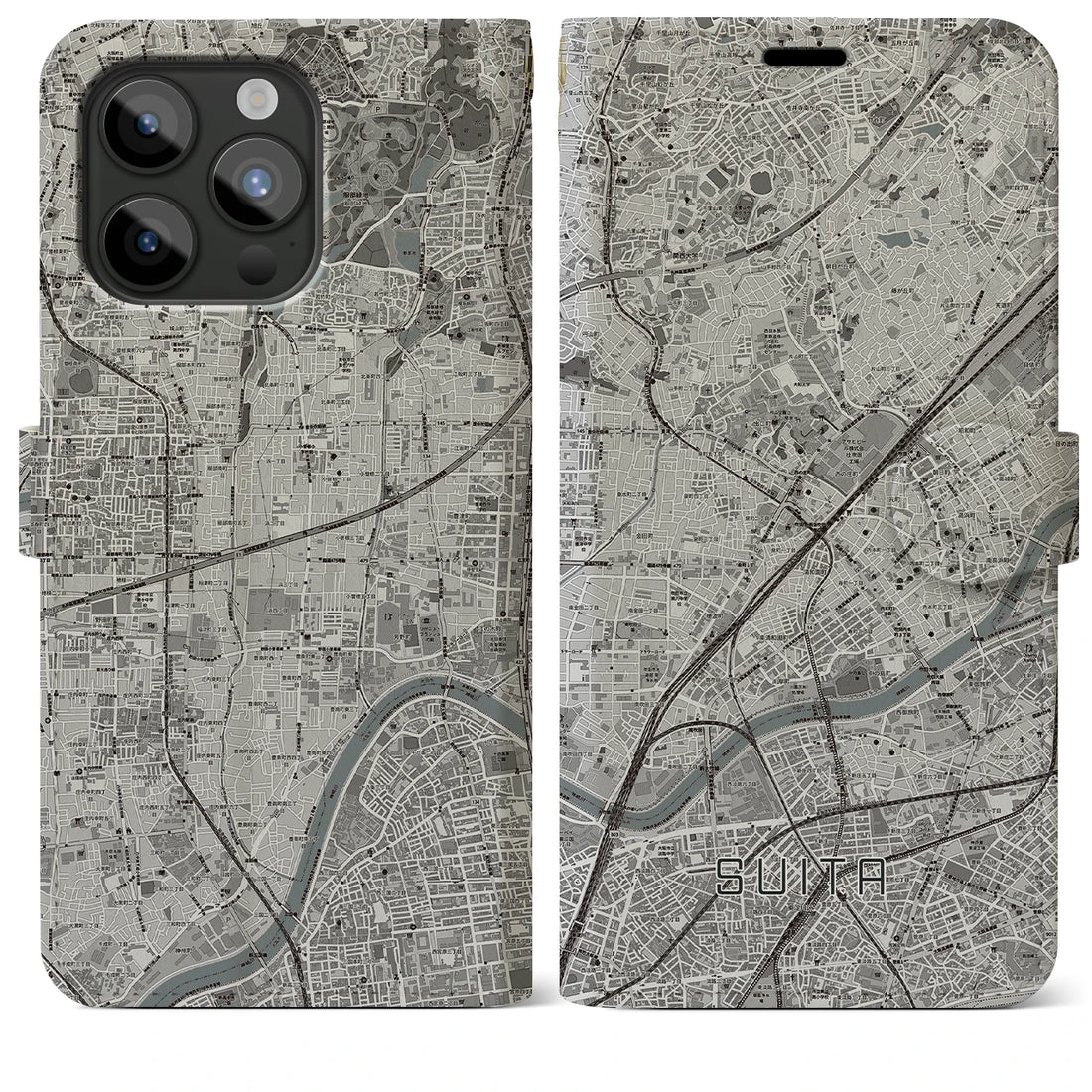 【吹田】地図柄iPhoneケース（手帳両面タイプ・モノトーン）iPhone 15 Pro Max 用